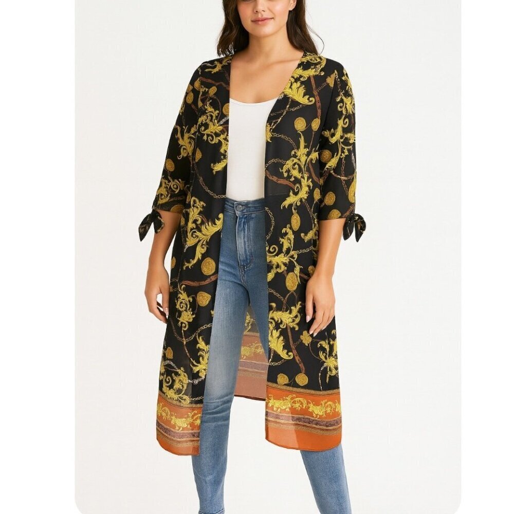 Haute Monde brand open front split thigh 3/4 sleeve chain leaf gold & black SM